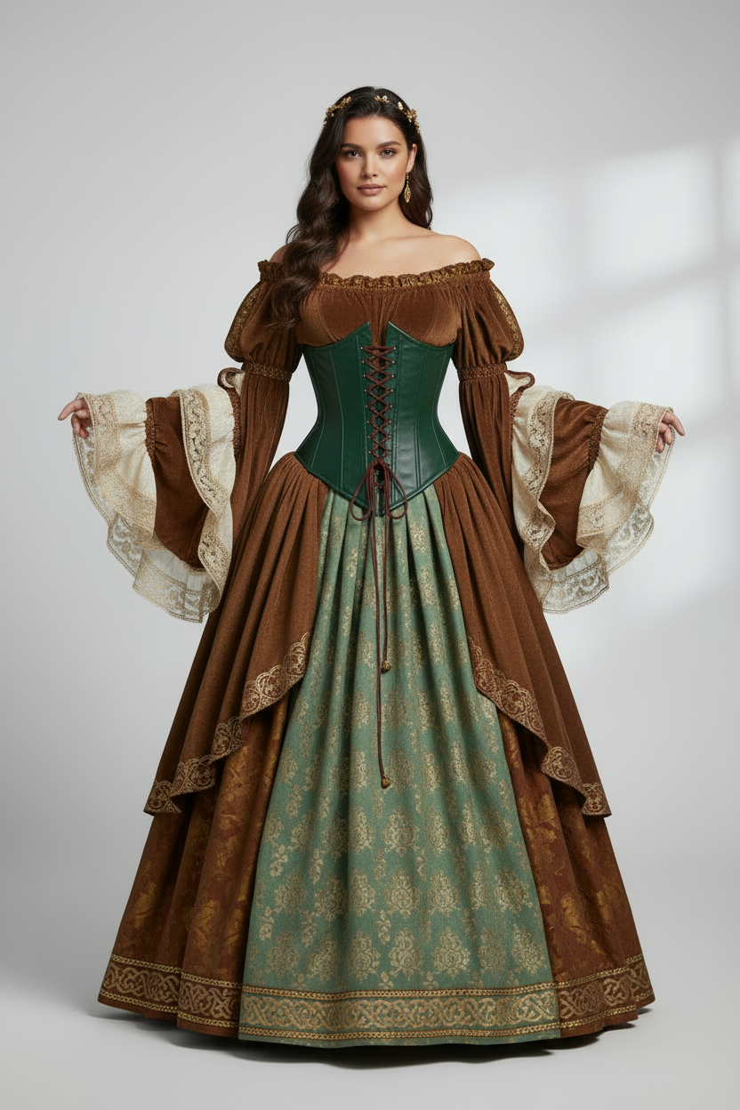 Women's Renaissance faire medieval corset dress with ruffle overlay