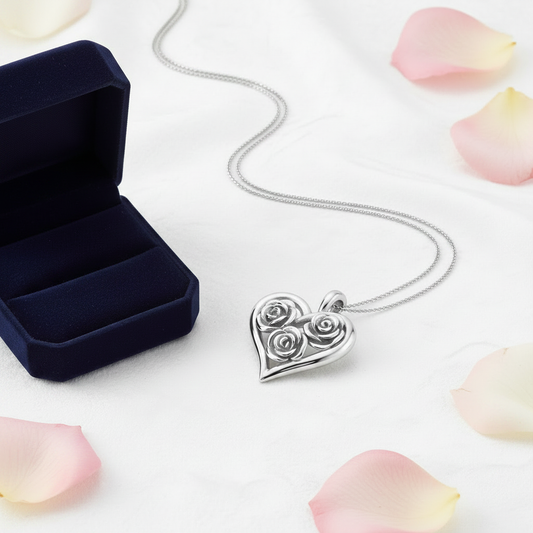 Sterling silver rose heart pendant necklace